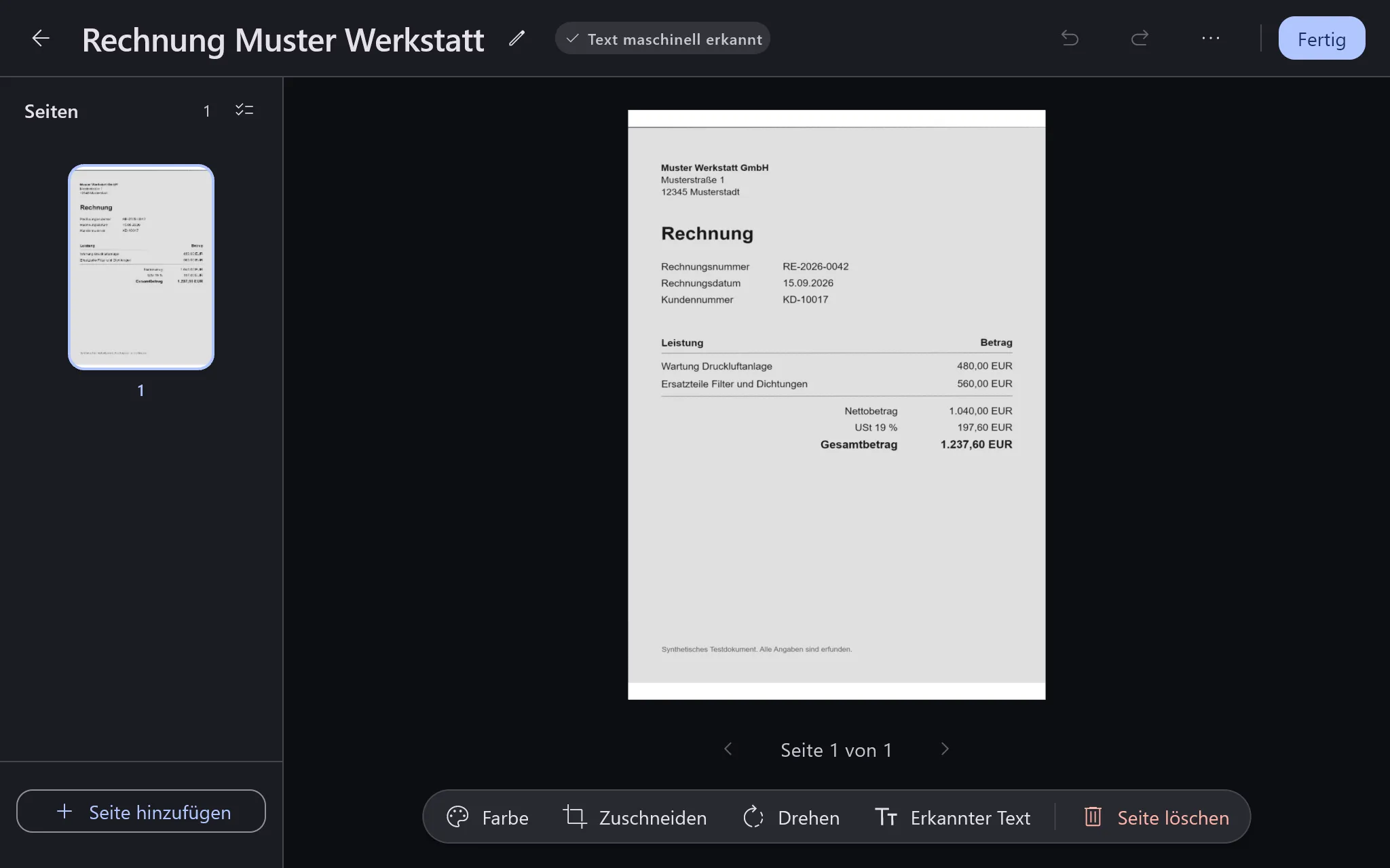 Der Dokumenteditor von Docyra mit einer erfundenen Rechnung, dem Vermerk „Text maschinell erkannt“ und den Werkzeugen Farbe, Zuschneiden, Drehen und Erkannter Text