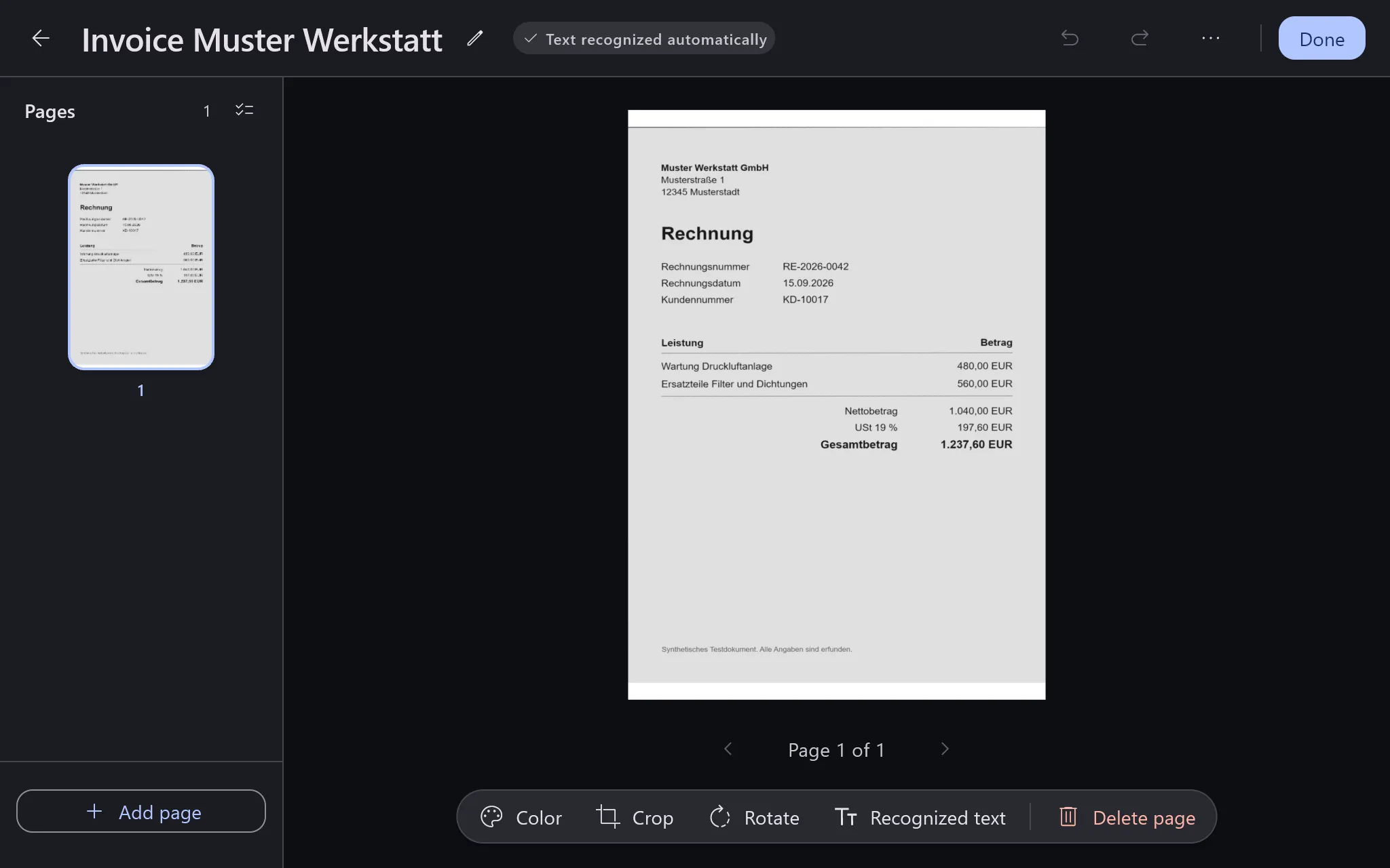 The Docyra document editor with an invented invoice, the note "Text recognized automatically" and the tools Color, Crop, Rotate and Recognized text