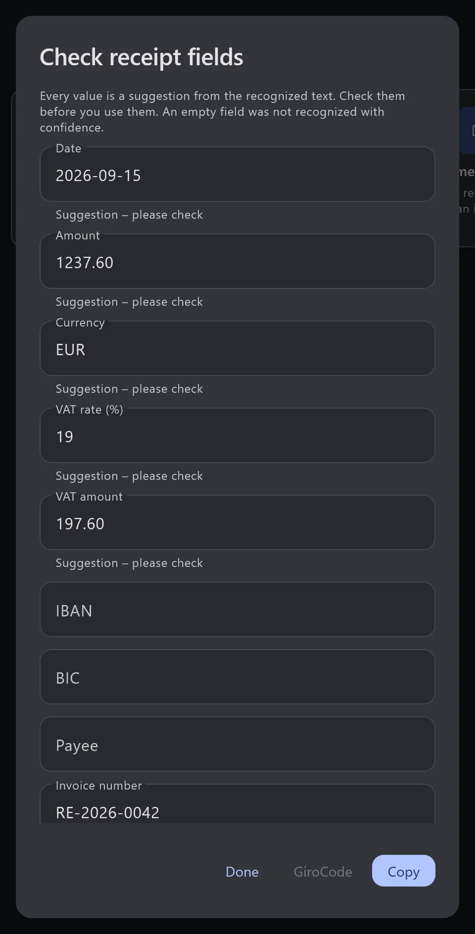 The "Check receipt fields" dialog with the date, amount, currency, VAT rate and VAT amount of an invented invoice, each marked as a suggestion to check