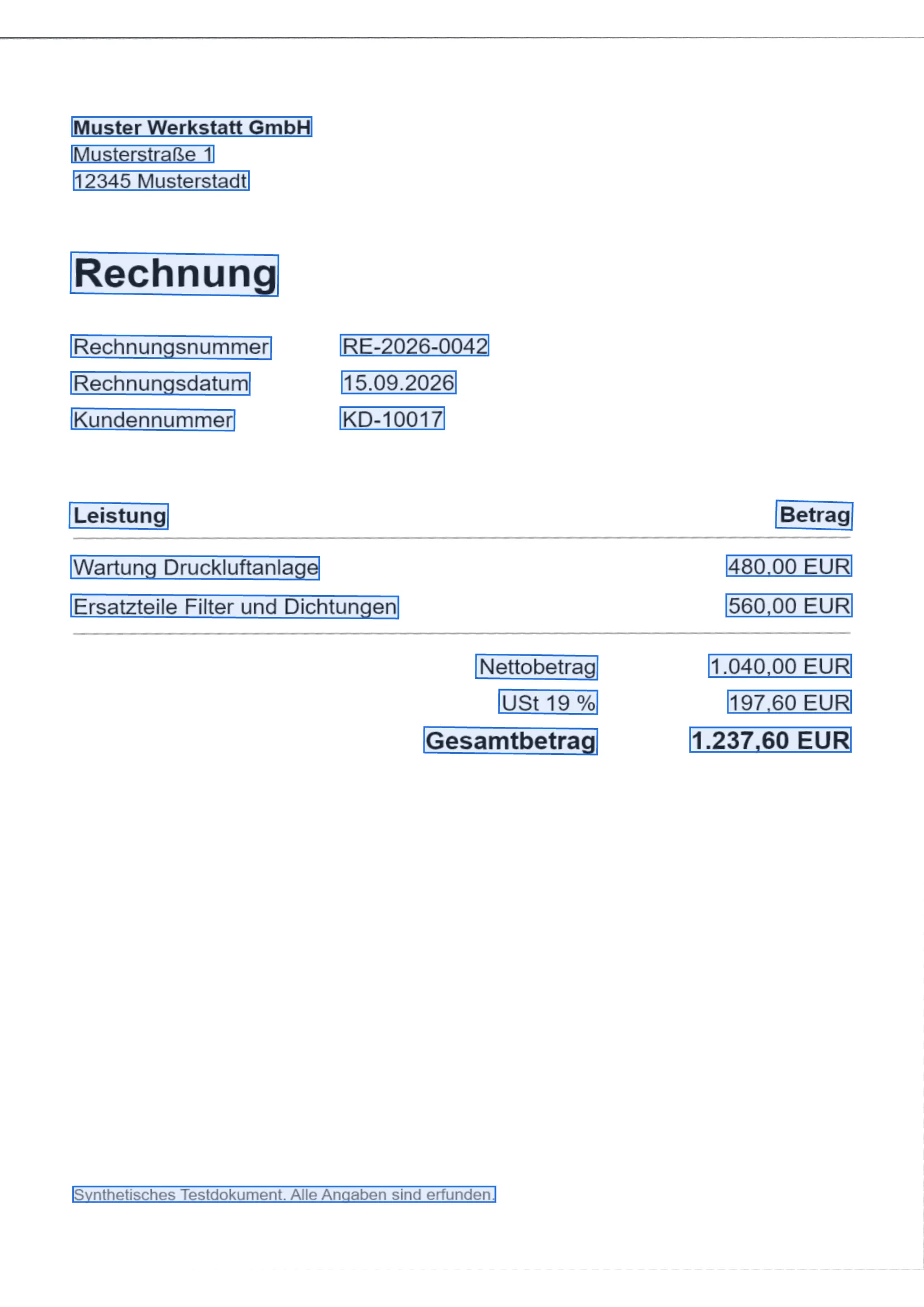 Die entzerrte Testrechnung, auf der jede Textstelle von einem blauen Rahmen umgeben ist. Gerahmt sind unter anderem der Absender, das Wort Rechnung, jede Feldbezeichnung und jeder Feldwert einzeln sowie die Beträge.